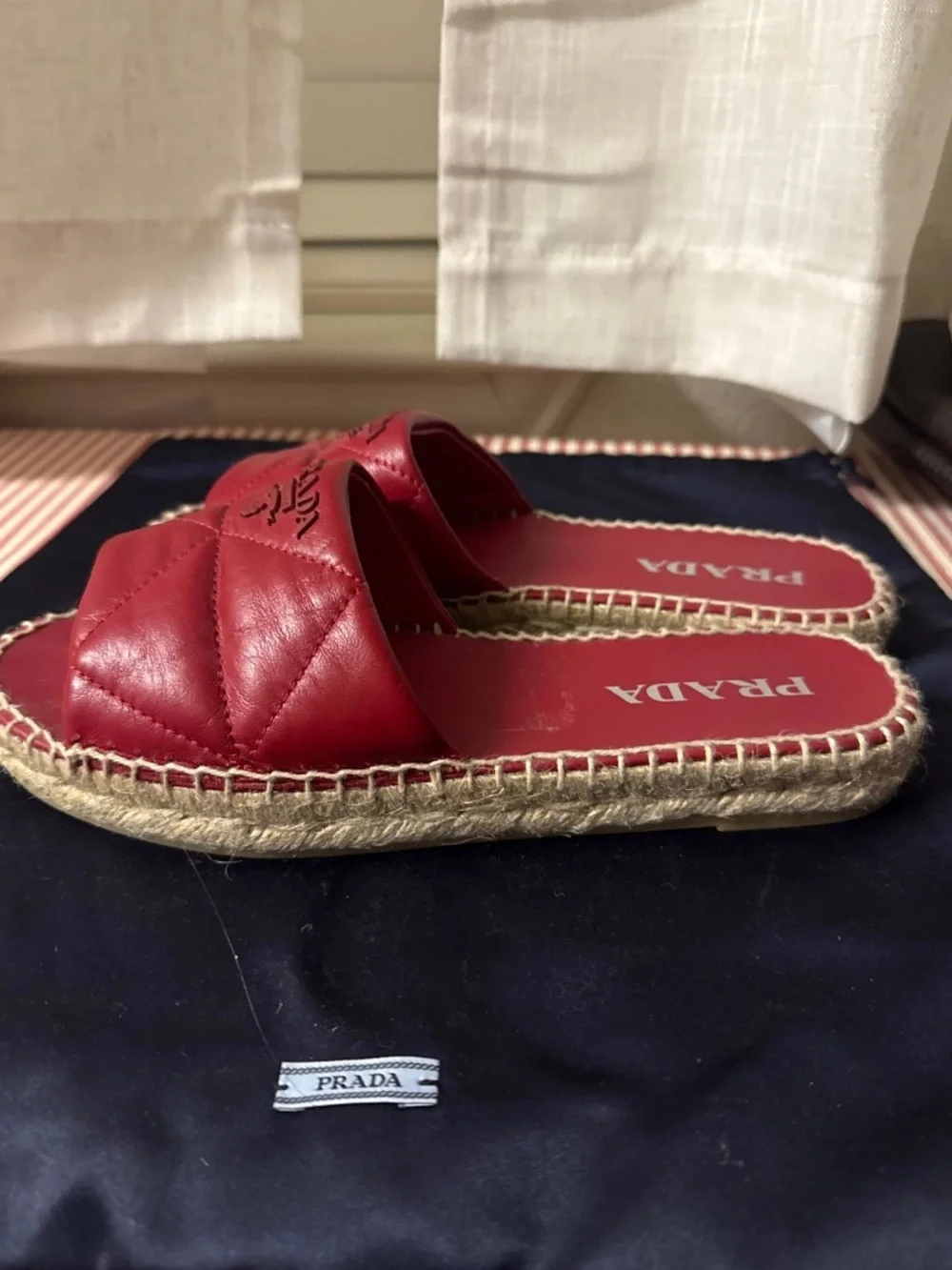 Prada Red Quilted Leather Espadrille Slides